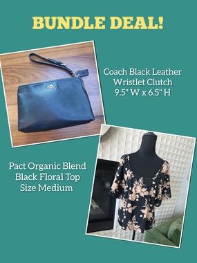 Bundle Deal: Coach Black Leather Wristlet + Pact Organic Blend Floral Top Medium